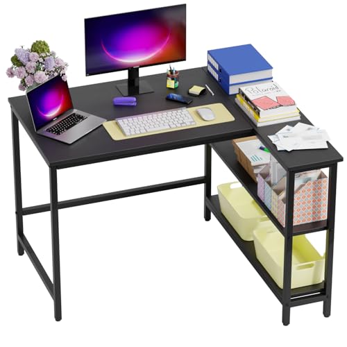 FDW L-Shaped Gaming Desk 43 Inch Computer Desk Corner Desks with Reversible Side Storage Shelves Study Desk Metal Frame PC Work Table for Home Office Dorm Sturdy Writing Workstation, Black - size: 43 Inch