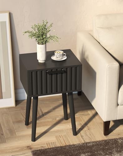 YMYNY Fluted Nightstand Set of 2, Small End Table, Modern Coffee Table with Drawer, Solid Wood Legs, Retaining Chain, 13.8" x 10.6" x 20.9", for Bedroom and Small Spaces, Black UHST014B-2 - color: Black