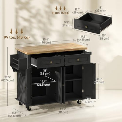 HOMCOM Kitchen Island Cart with Solid Wood Top, 44" Mobile on Wheels, Black | Kitchen Island Table, Storage Cabinets, 2 Drawers, Adjustable Shelves, Spice Rack, Towel Bar, Dining Room - color: Black