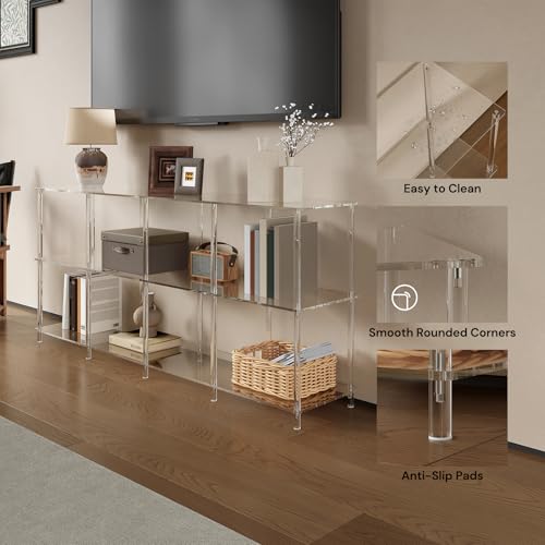 Acrylic Long Bookshelf, Low Horizontal Bookcase with 8 Cube Storage, 3-Tier, Modern Clear Open Book Shelf for Living Room, Office,Bedroom, 11.8''D x 62.2''W x 26.6''H