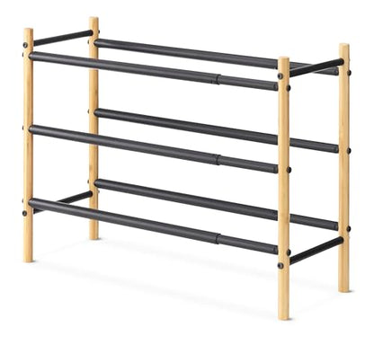 Whitmor 3-Tier Expandable Shoe Rack - Store up to 12 pairs of shoes - Bamboo & Matte Black - color: 3-tier,bamboo & Matte Black