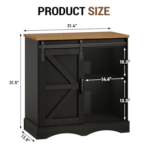 HOMFAMILIA 31.5" H Farmhouse Coffee Bar Cabinet w/Storage, White Kitchen Coffee Station with Sliding Barn Door, Rustic Buffet Cabinet with Adjustable Shelves, for Kitchen, Living Room, Black - color: Black