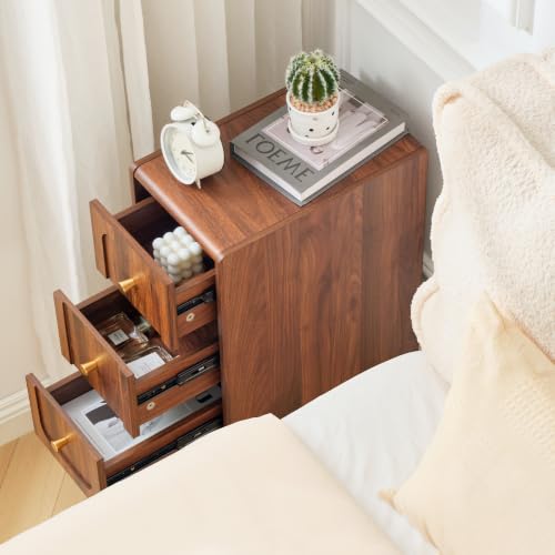 Narrow Nightstands with 3 Drawers, Wooden Farmhouse Bedside Tables, Slim End Tables with Storage, Small Night Stand for Bedroom, Living Room, Small Spaces - color: 3drawers-walnut-1pcs