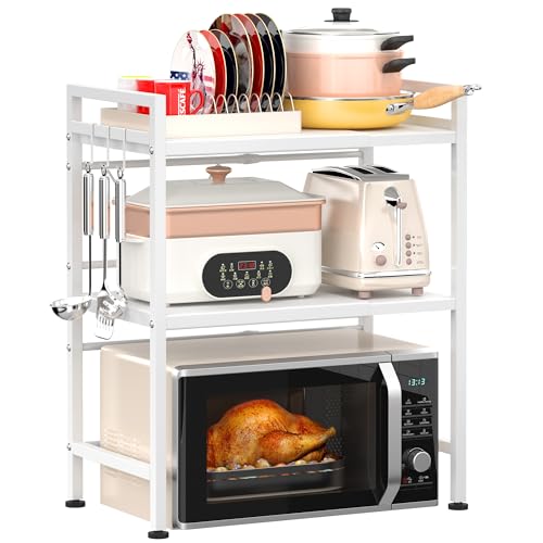 PUSDON Microwave Oven Rack, Adjustable Shelf Organizer 3-Tiers with 3 Hooks, & 160lbs Capacity for Kitchen Counter, White - color: White, size: H-frame 3 tier