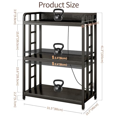 METYERRY Bakers Rack with Power Outlet,Adjustable Microwave Stand with Storage,3-Tier Kitchen Shelves,Microwave cart Suitable for Kitchen,Dinning Room,Coffee Bar,Living, Black - color: Black