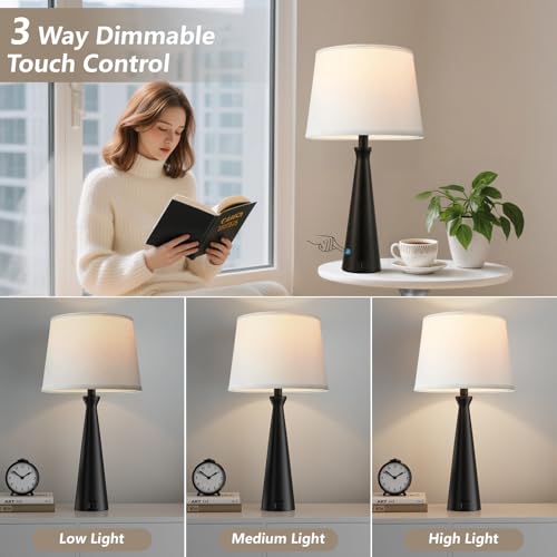 Seealle Modern Table Lamps Set of 2 - Touch Bedside Lamp for Nightstand with Dual USB C+A,3-Way Dimmable Black Nightstand Lamps for Living Room Bedroom End Table(Bulb Included) - color: A. Black-White