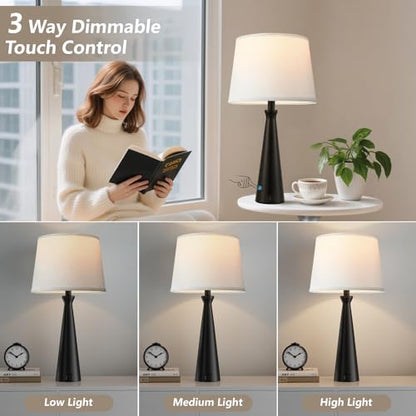 Seealle Modern Table Lamps Set of 2 - Touch Bedside Lamp for Nightstand with Dual USB C+A,3-Way Dimmable Black Nightstand Lamps for Living Room Bedroom End Table(Bulb Included) - color: A. Black-White