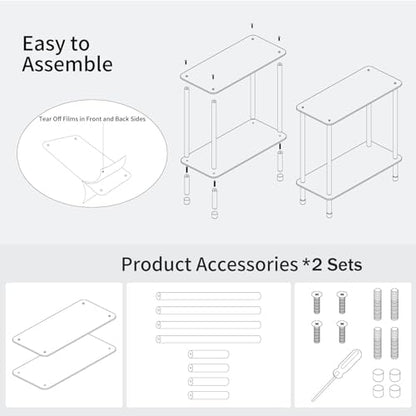Clear Acrylic Narrow Side Table Set of 2 for Small Spaces, 15.75" L x 7.87" W x 19.82" H, 2 Tier Rectangle Slim End Table Nightstand, Small Bedside Table for Bedroom, Bathroom, Living Room - size: 2 Tier Rectangle 2-Pack