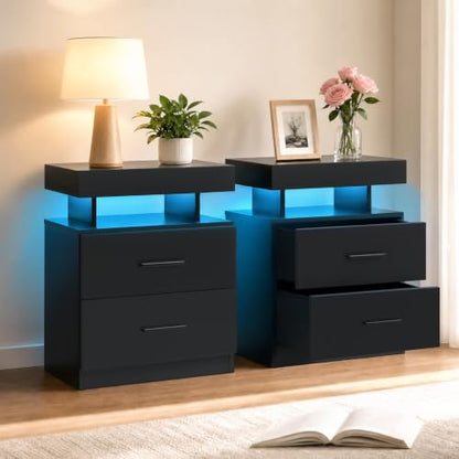 Black Nightstands set of 2 LED Night Stand with 2 Fabric Drawer for Bedroom | Nightstands with App-Controlled Adjustable LED Lights, Night Stand with Storage Shelf ,Modern Bedside Table for Bedroom - size: set of 2