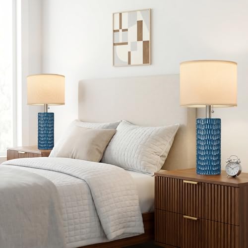 Reaketon Table Lamps for Living Room Set of 2, Ceramic Table Lamps for Bedroom, 20" Modern Lamps for Night Stands, Blue - color: Blue