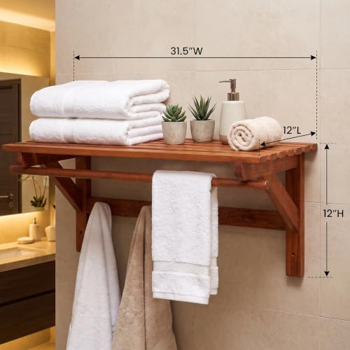 Bare Decor Caracas Bathroom Wall Shelf with Hangers in Solid Teak Wood 31.5"