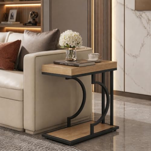 Tribesigns C Shaped Modern End Table for Coach with Metal Frame | Wood Grain, Small Side Table for Living Room, Nightstand for Bedroom, Light Brown&Black - color: Light Brown&black