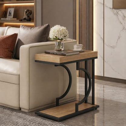Tribesigns C Shaped Modern End Table for Coach with Metal Frame | Wood Grain, Small Side Table for Living Room, Nightstand for Bedroom, Light Brown&Black - color: Light Brown&black