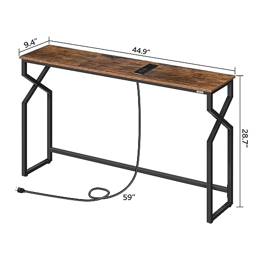 MAHANCRIS 44.9" Sofa Table, 9.4" Narrow Console Table with Charging Station, Couch Table Behind Sofa with Outlet, Entryway Table with Display Shelf, Living Room, Rustic Brown CTHR113E01 - color: Rustic Brown + Black