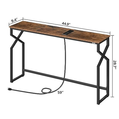 MAHANCRIS 44.9" Sofa Table, 9.4" Narrow Console Table with Charging Station, Couch Table Behind Sofa with Outlet, Entryway Table with Display Shelf, Living Room, Rustic Brown CTHR113E01 - color: Rustic Brown + Black