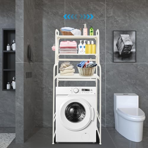 Adjustable Laundry Room Shelf, White Washing Machine Shelf, 3-Tier Washing Machine and Dryer Storage Rack, Laundry Room Space Saving Organizer with Hooks for Balcony