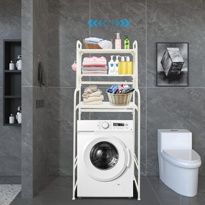 Adjustable Laundry Room Shelf, White Washing Machine Shelf, 3-Tier Washing Machine and Dryer Storage Rack, Laundry Room Space Saving Organizer with Hooks for Balcony