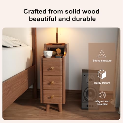 Solid Wood Narrow Nightstand with Drawers,Walnut Nightstand Wood Bedside Table Modern for Bedroom,Study,Toilet - color: Walnut, size: 15.75"D x 7.87"W x 23.62"H(3 Drawers)