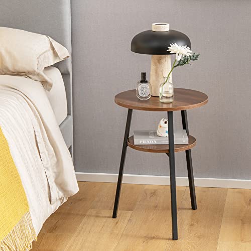 Giantex Round End Table Set of 2, Retro Bedside Table with Open Storage Shelf & Sturdy Triangular Metal Frame, Versatile Accent Table for Bedroom, Living Room & Study, Easy Assembly (2, Walnut)