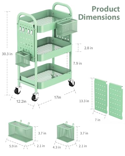 ALVOROG 3 Tier Rolling Cart with DIY Pegboards Metal Utility Cart with Wheels Handles Baskets Hooks, Storage Cart for Office Kitchen Bathroom(Green) - color: Green