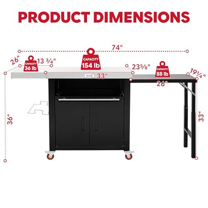 Feasto Outdoor Kitchen Island with Cabinet, 74” x 24” Rolling Grill Table | Grill Table with Stainless Steel Top for Pizza Oven& Griddles, Movable Bar Cart with Pull-Out Plate for Parties & Gathering - size: Large