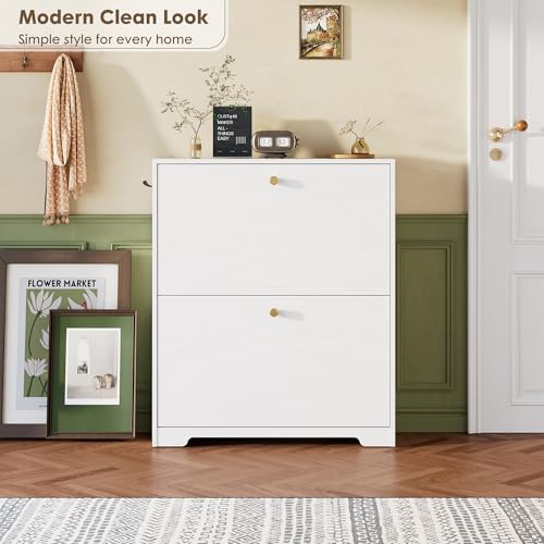Nicetree Shoe Cabinet with 2 Flip Drawers, Narrow Shoe Organizer Cabinet, Freestanding Shoe Rack Cabinet, Modern Shoe Storage Cabinet for Entryway, Hallway, Foyer, White - color: White, style: 2-Drawers