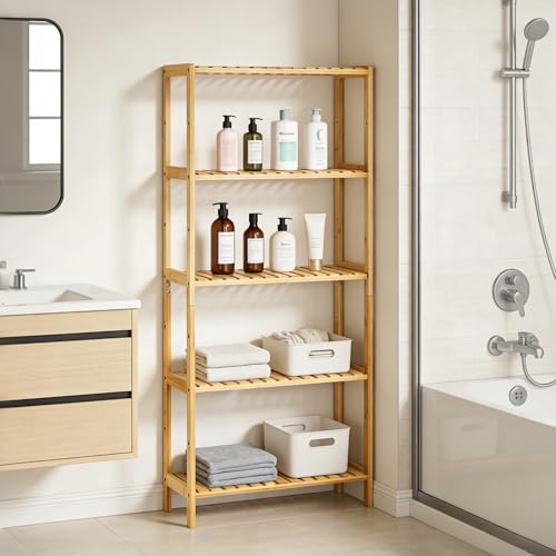 IDEALHOUSE Bamboo Storage Shelf, 5-Tier Freestanding Bathroom Organizer, Narrow Corner Shelving Unit for Entryway, Bathroom, Living Room, Balcony, Kitchen, Natural Bamboo, Widen-Wood