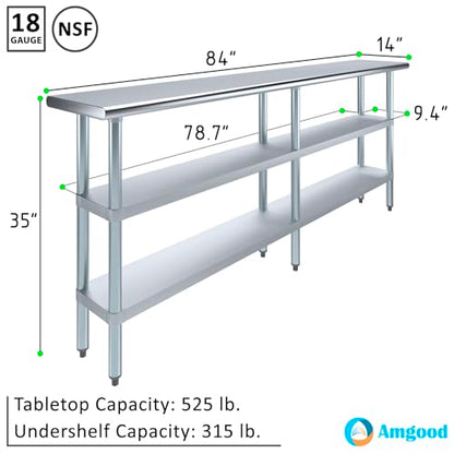 Stainless Steel Work Table with 2 Shelves | Metal Utility Table | Commercial & Residential NSF Utility (Stainless Steel Table with 2 Shelves, 84" Long x 14" Deep) - size: 84" Long x 14" Deep