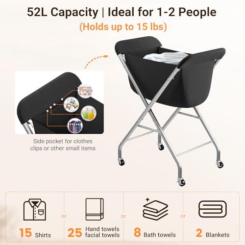 ELYKEN Laundry Basket with Wheels, Collapsible Laundry Hamper, Black | Removable Liner Bag, Foldable Design, Sturdy Metal Frame, 4 Casters, 32”H Laundry Cart for Bedroom, Bathroom & Laundry Room - color: Black, size: 23.2"L x 13"W x 32"H