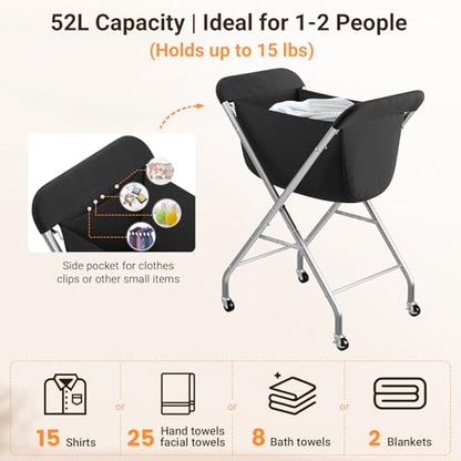 ELYKEN Laundry Basket with Wheels, Collapsible Laundry Hamper, Black | Removable Liner Bag, Foldable Design, Sturdy Metal Frame, 4 Casters, 32”H Laundry Cart for Bedroom, Bathroom & Laundry Room - color: Black, size: 23.2"L x 13"W x 32"H