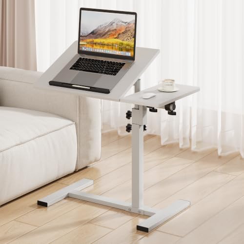 Overbed Table with Wheels Rolling, Adjustable Mobile Bedside Desk | Flip-Top, Laptop Table, C Shaped End Side Table for Couch, Sofa, Bed, Recliner and Home Use, Large White - color: Large White