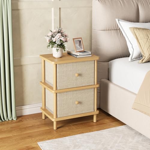 Apicizon Nightstand with 2 Drawers, Boho Side Table with Storage, Natural | Small End Table with Solid Wood Legs, for Small Spaces, Bedroom, Living Room, Entryway, Easy Assembly - color: Natural