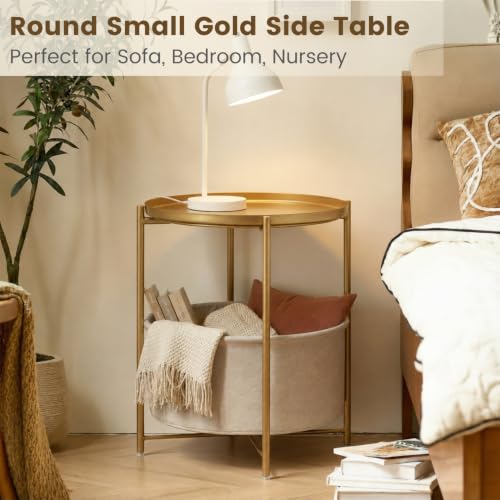 danpinera Gold Side Table with Basket, Small Round Table for Living Room | Metal Modern Nightstand for Small Space, Bedroom, Nursery, Accent Metal Stand with Removable Serving Tray, 20.47 in Tall - color: Gold