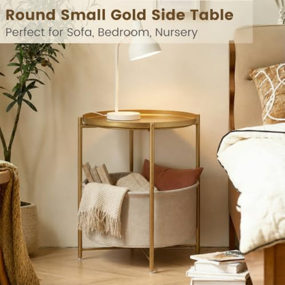 danpinera Gold Side Table with Basket, Small Round Table for Living Room | Metal Modern Nightstand for Small Space, Bedroom, Nursery, Accent Metal Stand with Removable Serving Tray, 20.47 in Tall - color: Gold