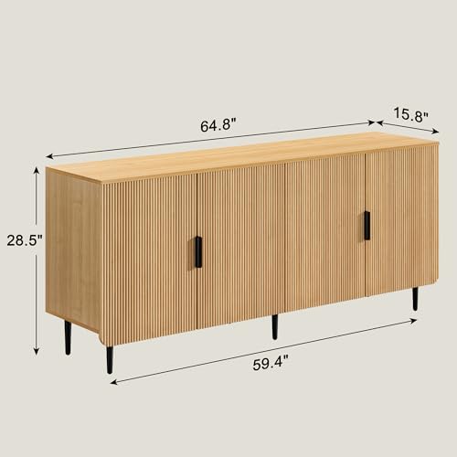 65" Fluted Sideboard Buffet Cabinet with Storage, Console Cabinet with 4 Doors & Adjustable Shelves, Modern Buffet Table for Kitchen Dining Living Room Hallway‌ Entryway, Natural - color: Natural