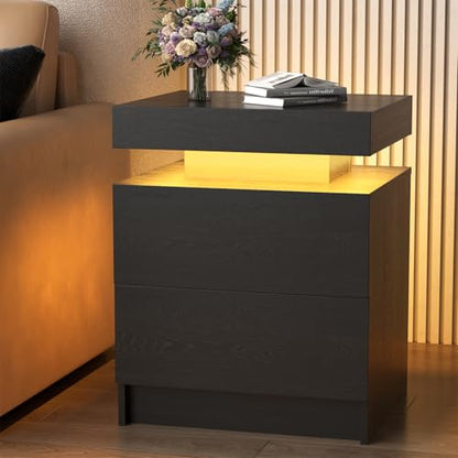 LED Nightstand, Modern Black Night Stand End Tables with APP & Remote Control LED Lighting, 2 Drawers, Open Shelf Storage, Bedside Tables for Bedroom & Living Room