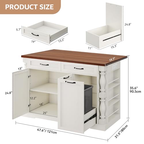 Roman Style Kitchen Island with Power Outlet & Trash Cabinet, | 47.6" Rolling Kitchen Island with Drop Leaf Tabletop, Kitchen Cart with Spice Rack & Drawers & Cabinets Coffee Bar Station