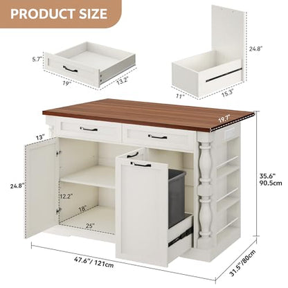 Roman Style Kitchen Island with Power Outlet & Trash Cabinet, | 47.6" Rolling Kitchen Island with Drop Leaf Tabletop, Kitchen Cart with Spice Rack & Drawers & Cabinets Coffee Bar Station