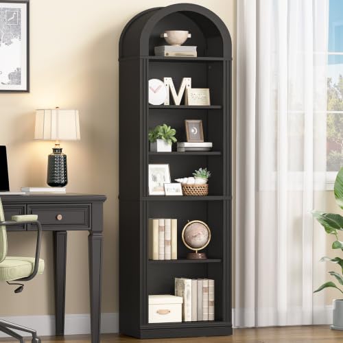 RALGEND Arched Bookshelf, 75.8" Tall Narrow Bookshelf, Arch Bookcase with Storage, 6-Tier Farmhouse Book Shelf, Wooden Arched Cabinet with Open Display Shelves, Adjustable Shelf, Black - color: Black, size: 18.9"L x 11.8"W x 75.8"H