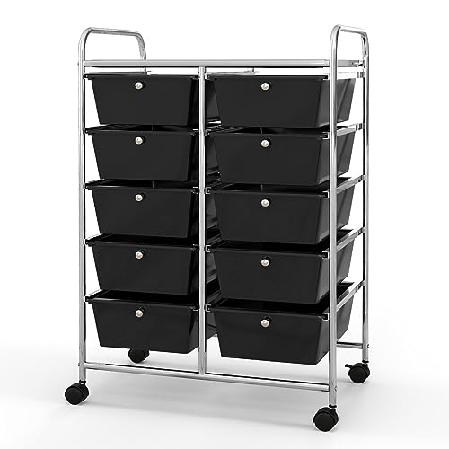 10-Drawer Rolling Cart with Drawers, Storage Cart with Universal Wheel & Metal Frame, Multipurpose Mobile Trolley Utility Cart for Makeup Kitchen Office Play Room (Black) - color: Black