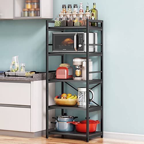 Denkee 5-Tier Bakers Rack for Kitchen with Storage, Industrial Microwave Stand Shelf, Coffee Bar for Small Spaces, Free Standing Kitchen Storage Shelf Rack, 23.62" L x 15.75" W x 60.24" H, Black - color: Black