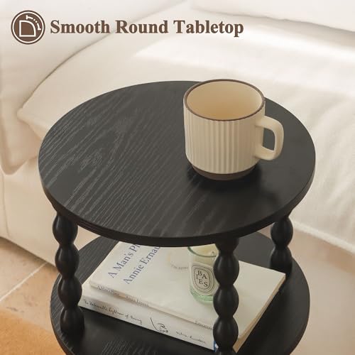 AWASEN Small Round Side Table, Black End Table with 3-Tier Open Shelf for Small Spaces, Round Bedside Table Nightstand for Bedroom, Living Room, Office, Black - color: Black