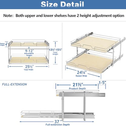 ROOMTEC 2 Tier Individual Pull Out Cabinet Organizer 25½"W x 21½"D, Slide Out Wood Shelves Organizers, Pull Out Drawers Organization and Storage for Kitchen Cabinet - size: 25½" W x 21½" D