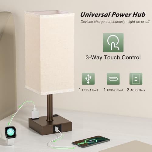 Brown Touch Lamps Set of 2 for Bedroom - Dimmable, USB C+A, 2 AC Outlets | 3-Way Dimming, 3000K LED Bulbs Included, Square Beige Lampshade Brown Base, Small Bedside Lamp for Nightstand, Desk, Dorm - color: Brown