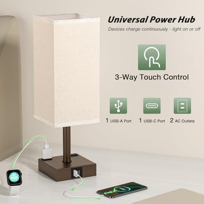 Brown Touch Lamps Set of 2 for Bedroom - Dimmable, USB C+A, 2 AC Outlets | 3-Way Dimming, 3000K LED Bulbs Included, Square Beige Lampshade Brown Base, Small Bedside Lamp for Nightstand, Desk, Dorm - color: Brown