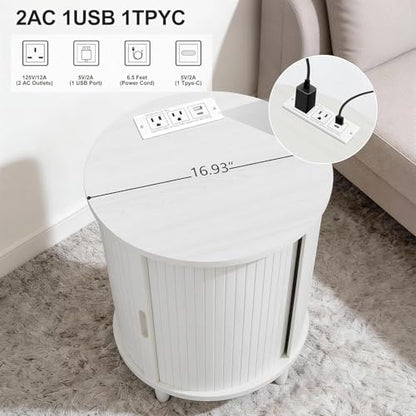 DHH Round End Table with Storage & Charging Station, Fluted Accent Side Table with Sliding Door & Adjustable Shelf, Mid-Century Nightstand for Small Spaces, Living Room, Bedroom(Grayish White) - color: Grayish White