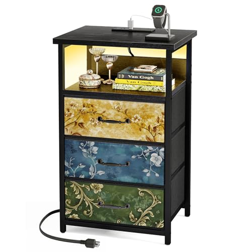 Fixwal Night Stand with Charging Station, LED Nightstand with U-S-B Ports and Outlets, 3 Fabric Storage Drawers with PU Finish, Bedside Table, Vintage Flower - color: Vintage Flower, size: 27.6"H (3 drawers), style: Power+Light (1pc)