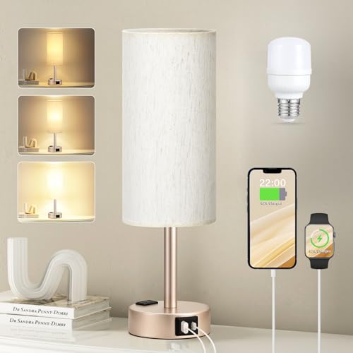 Fenmzee Bedside Table Lamp for Bedroom - 3 Way Dimmable Touch Lamp USB C Charging Ports and AC Outlet, Small Lamp Gold Base Round Flaxen Fabric Shade for Living Room, Desk, LED Bulb Included - color: Cream - Antique White, size: 14" Touch Control