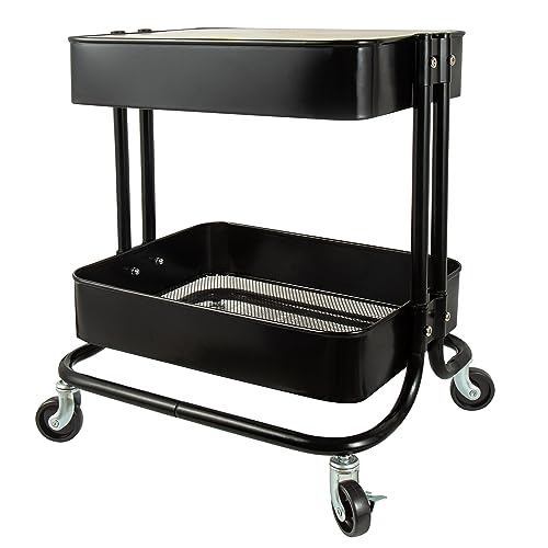 2 Tier Utility Cart，Metal Rolling Cart with Wheels and Cover for Office Home Kitchen Organization (Black-1, 2 Tier) - color: Black-1