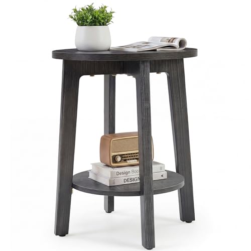 DUMOS Small Round Side Tables for Small Spaces, 2-Tier Boho End Table with Storage Shelf, Sturdy Bedside Nightstand with Non-Slip Pads for Living Room, Bedroom, Light Grey - color: Light Grey, size: 1 Pack